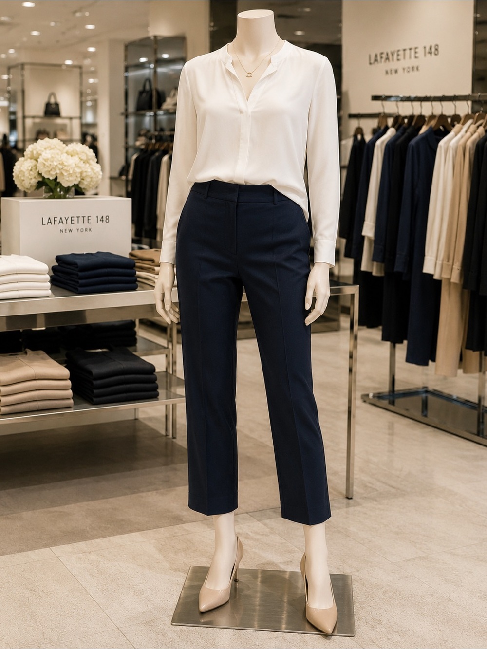 Lafayette 148 Lexington Navy Cropped Ankle Pants Size 8 Career Office Cotton